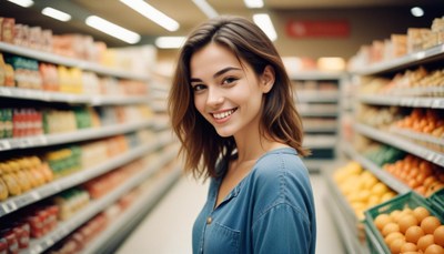 A woman smiles in a grocery aisle
