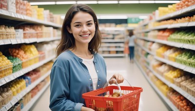 A woman smiles in a grocery store aisle