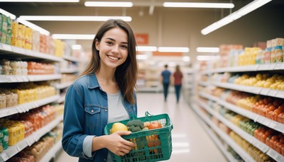 Woman smiles shopping in the produce section