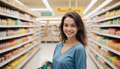 A woman smiles in a grocery store aisle