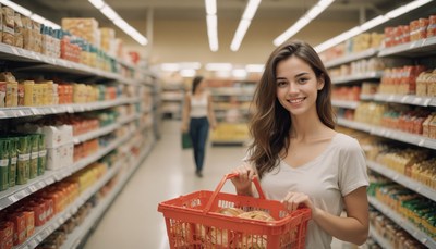 A woman smiles as she shops in a grocery store