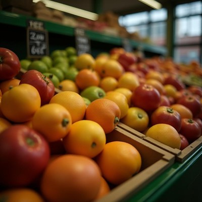 Oranges and apples in a market stall