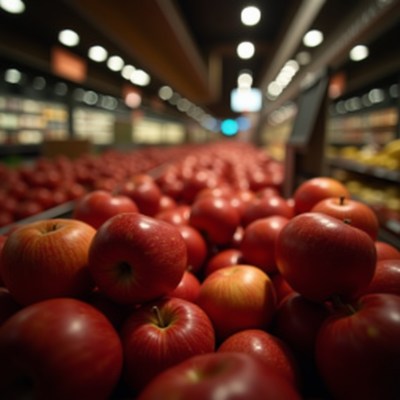 Red apples fill a supermarket aisle