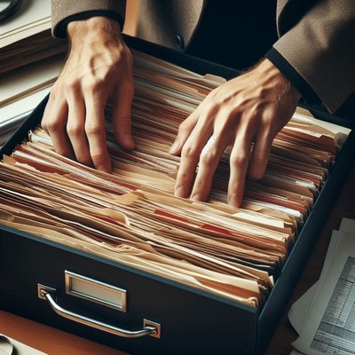 Hands search through a file drawer
