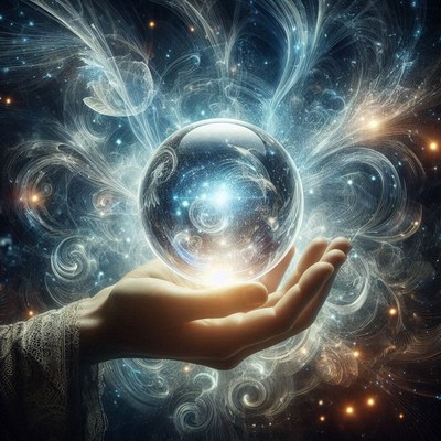 A hand holds a glowing crystal ball