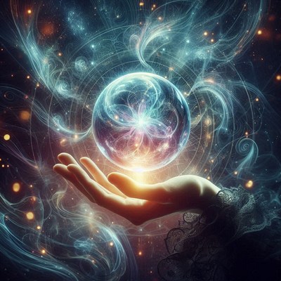 A hand holds a glowing orb against a starry sky