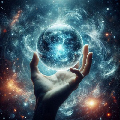 A hand holds a glowing sphere against a starry backdrop