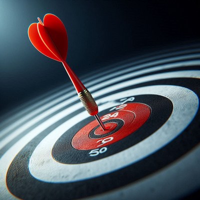 A red dart hits the center of a target