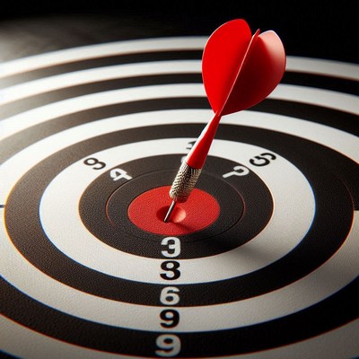 A red dart hits the center of the target