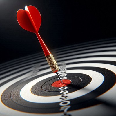 A red dart hits the bullseye of a dartboard