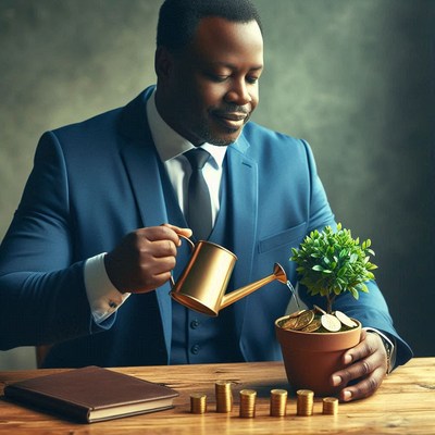 A businessman waters a money tree