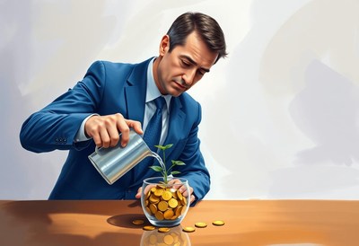 A businessman waters a plant growing in a pot of gold coins