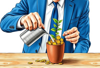 A man in a blue suit waters a plant growing from coins
