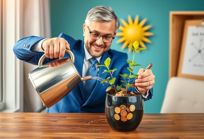 A man waters a plant growing from coins