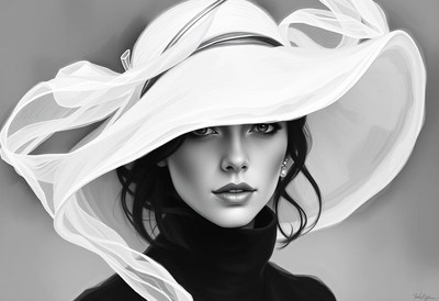 A woman in a white hat gazes intently at the camera