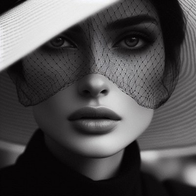 A woman wears a hat and veil