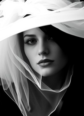 A woman wearing a veil looks directly at the camera