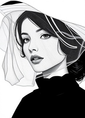 A woman in a hat looks directly at the viewer