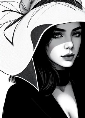 A woman with dark hair wears a large white hat