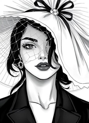 A woman in a large hat looks directly at the viewer