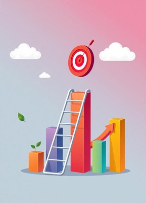 A ladder leans against a bar graph, reaching a target above