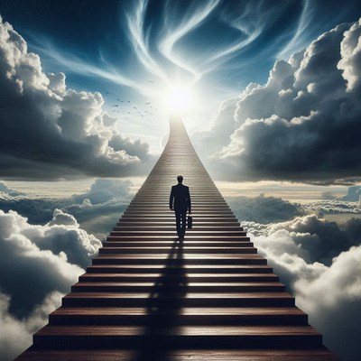 A man walks up a stairway to heaven