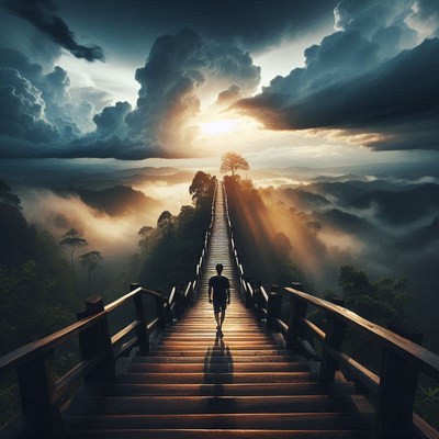 A hiker ascends a wooden staircase in the mountains