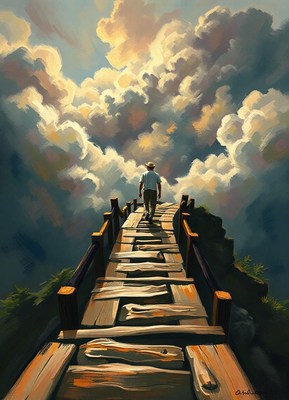 A man walks a wooden bridge toward a sky filled with clouds