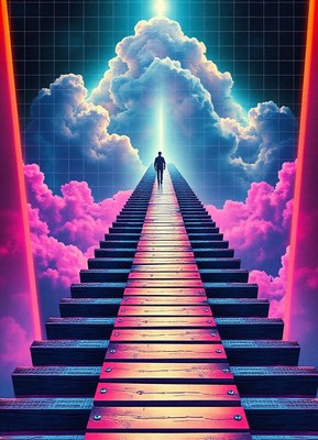 A person walks up a wooden stairway into the sky