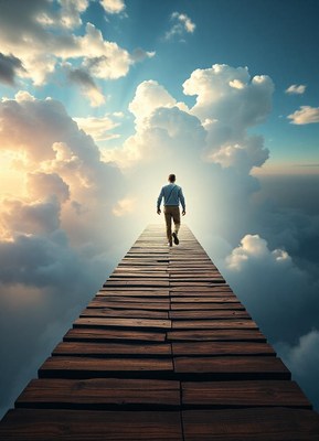 Man walks on a wooden path in the clouds