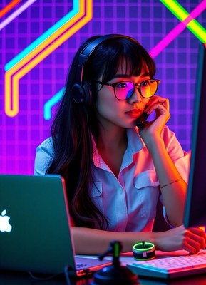 A woman works on her computer at night