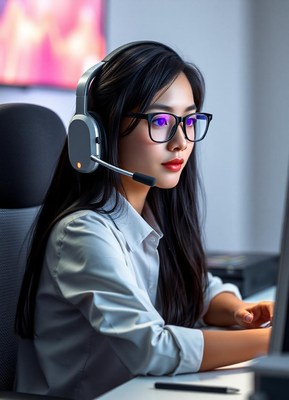 A woman with long black hair is working at her desk
