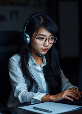 A woman is working late at night