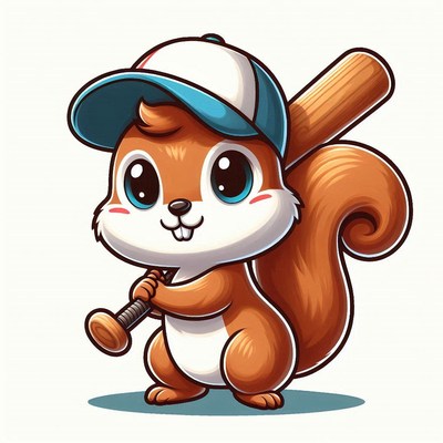 A cute squirrel wearing a baseball cap holds a bat