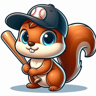 A cute squirrel wearing a baseball cap holds a bat