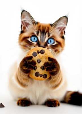 A cat with blue eyes eats a chocolate chip cookie