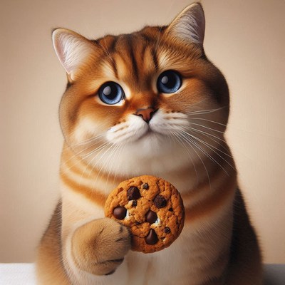 A cat holds a chocolate chip cookie