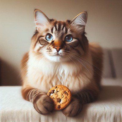 A cat with blue eyes holds a chocolate chip cookie
