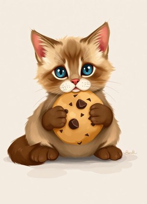 A cute kitten holds a chocolate chip cookie