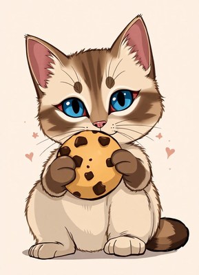 A cute kitten holds a chocolate chip cookie