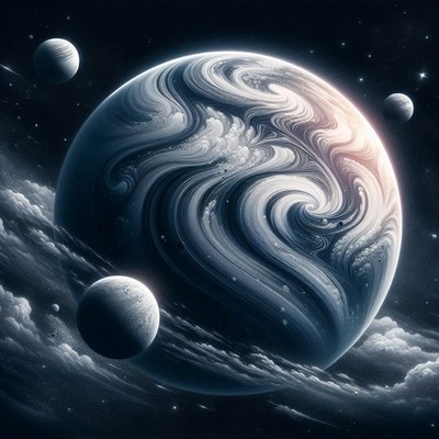 A swirling, white gas giant in deep space