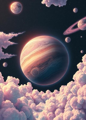 A giant planet looms over fluffy pink clouds