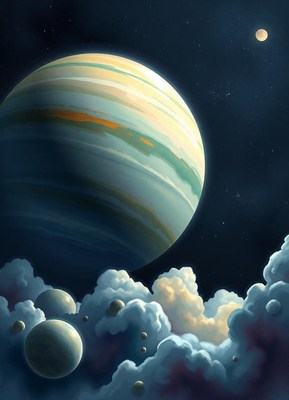 A huge planet floats among clouds and distant stars