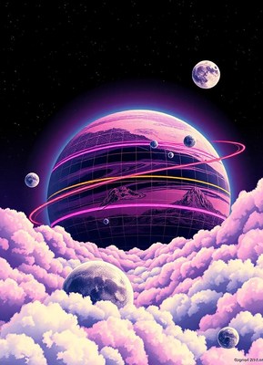 A glowing planet with pink lights above fluffy clouds