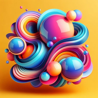 Vibrant spheres and ribbons swirl on yellow