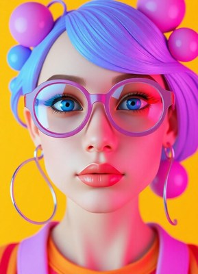 Blue-haired woman with bright blue eyes gazes at camera