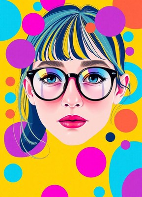 Blue-haired woman with glasses in colorful circles