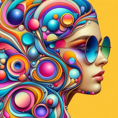 A woman's face with abstract, colorful shapes