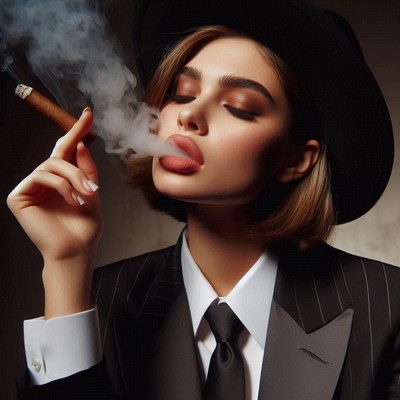 A woman in a black suit smokes a cigar
