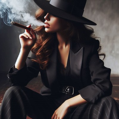 A woman in a black suit and hat smokes a cigar